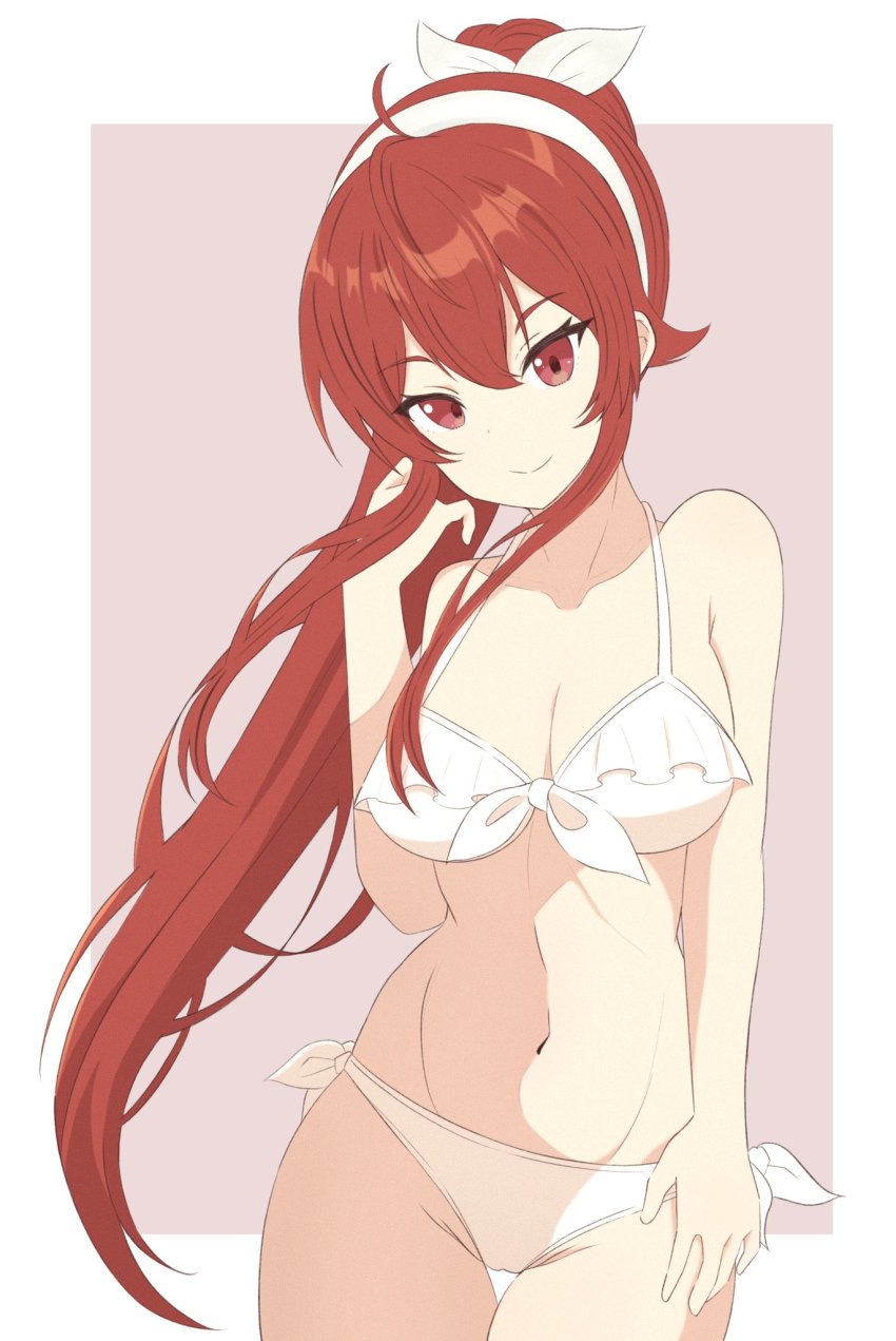 1girl, ahoge, bare_shoulders, bikini, breasts, cleavage, cowboy_shot, eris_greyrat