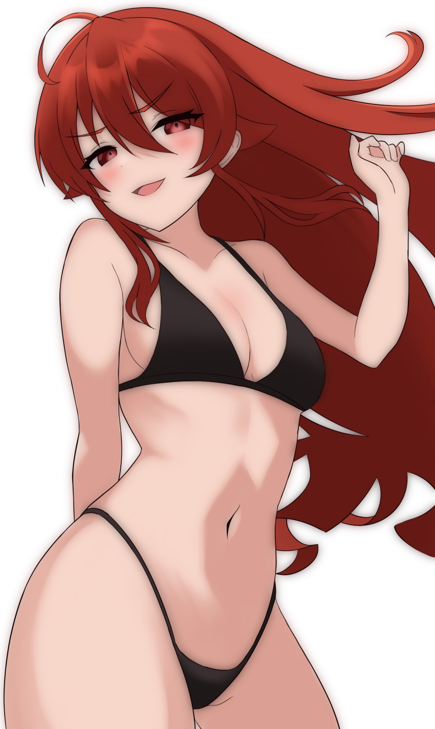 1girl, absurdres, ahoge, bad_id, bad_pixiv_id, bare_shoulders, bikini, black_bikini, breasts, cleavage, cowboy_shot, eris_greyrat, eyelashes, female_focus, hair_between_eyes, highres, light_blush, long_hair, looking_at_viewer, micro_bikini, mushoku_tensei, navel, puchimosu_(mosu1427), red_eyes, red_hair, simple_background, small_breasts, smile, solo, stomach, swimsuit, thick_eyebrows, thong_bikini, white_background