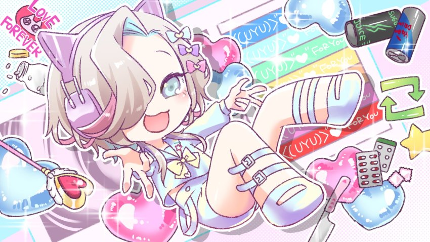 1boy, :3, :d, alternate_costume, animal_ear_headphones, animal_ears, ankle_strap, aqua_hair