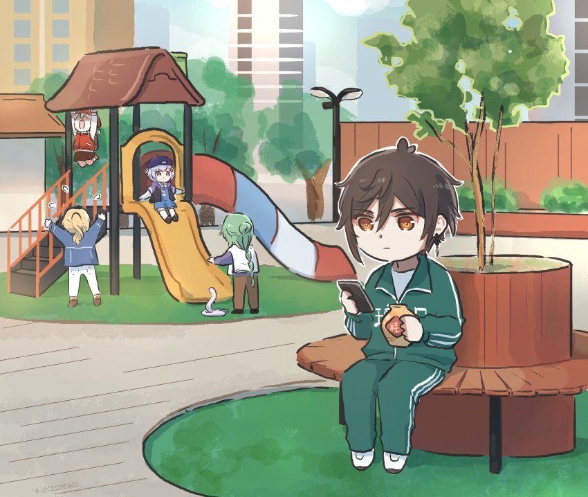 1boy, 4girls, alternate_costume, apartment, arms_up, artist_name, baizhu_(genshin_impact), blonde_hair