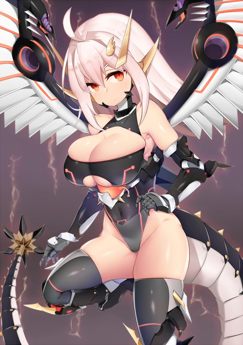1girl, ahoge, black_thighhighs, breasts, cleavage, clothing_cutout, covered_navel, cyber_dragon_infinity, duel_monster, furaggu, hair_between_eyes, hair_intakes, highres, large_breasts, leotard, long_hair, looking_at_viewer, orange_eyes, personification, solo, tail, thighhighs, thighs, underboob_cutout, white_hair, wings, yu-gi-oh!, zettai_ryouiki