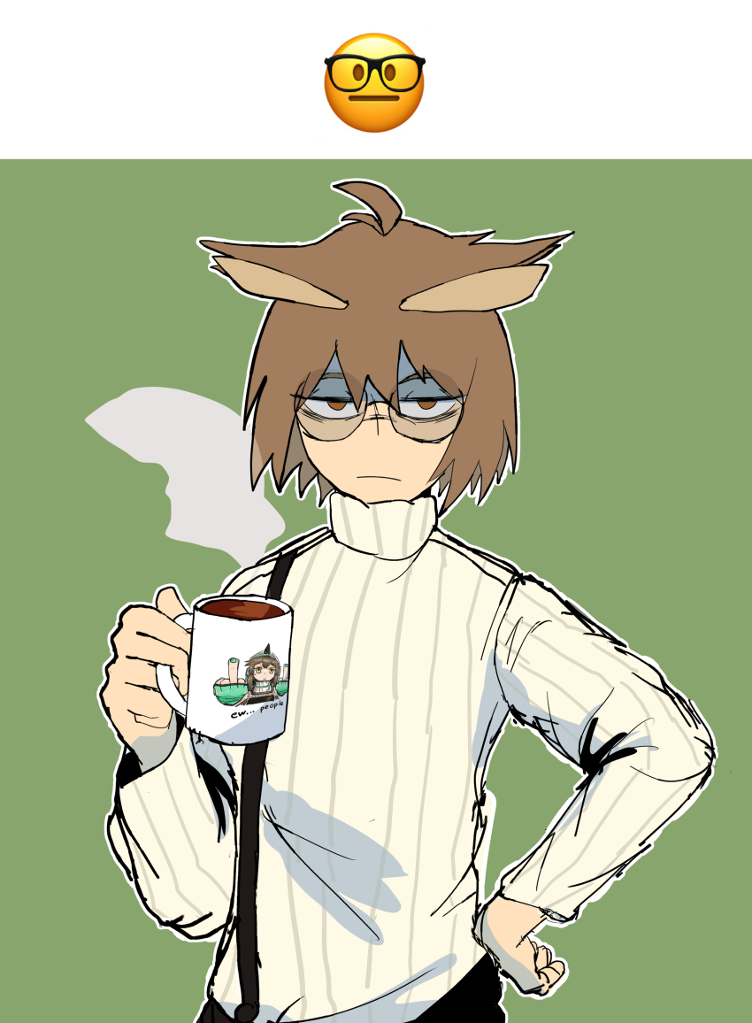 1girl, absurdres, arknights, bags_under_eyes, brown_eyes, brown_hair, closed_mouth, commentary, cup, emoji, english_commentary, glasses, green_background, half-closed_eyes, hand_on_own_hip, highres, holding, holding_cup, imitating, long_sleeves, looking_at_viewer, mug, nik_(slicknick_000), ribbed_sweater, short_hair, silence_(arknights), solo, steam, suspenders, sweater, turtleneck, turtleneck_sweater, two-tone_background, white_background, white_sweater