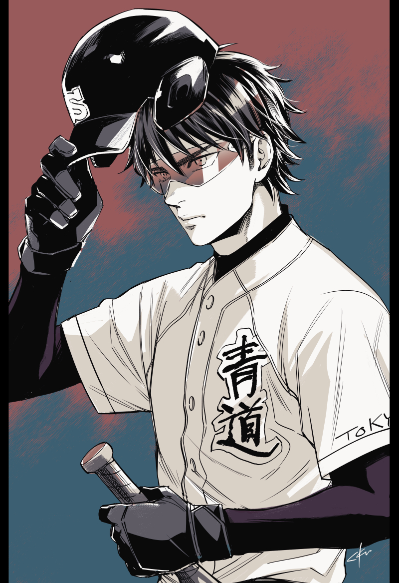 1boy, ace_of_diamond, baseball_bat, baseball_helmet, baseball_uniform, black_gloves, black_headwear, egg_(cknlun)