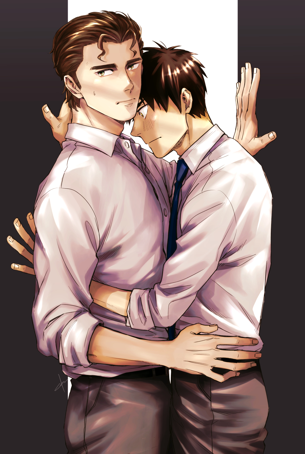 2boys, ace_of_diamond, antenna_hair, blue_necktie, blush, brown_eyes, egg_(cknlun), facing_another, grey_background, grey_pants, hair_slicked_back, highres, looking_at_viewer, multiple_boys, necktie, pants, sawamura_eijun, school_uniform, shirt, sleeves_rolled_up, sweatdrop, takigawa_chris_yuu, white_shirt, yaoi