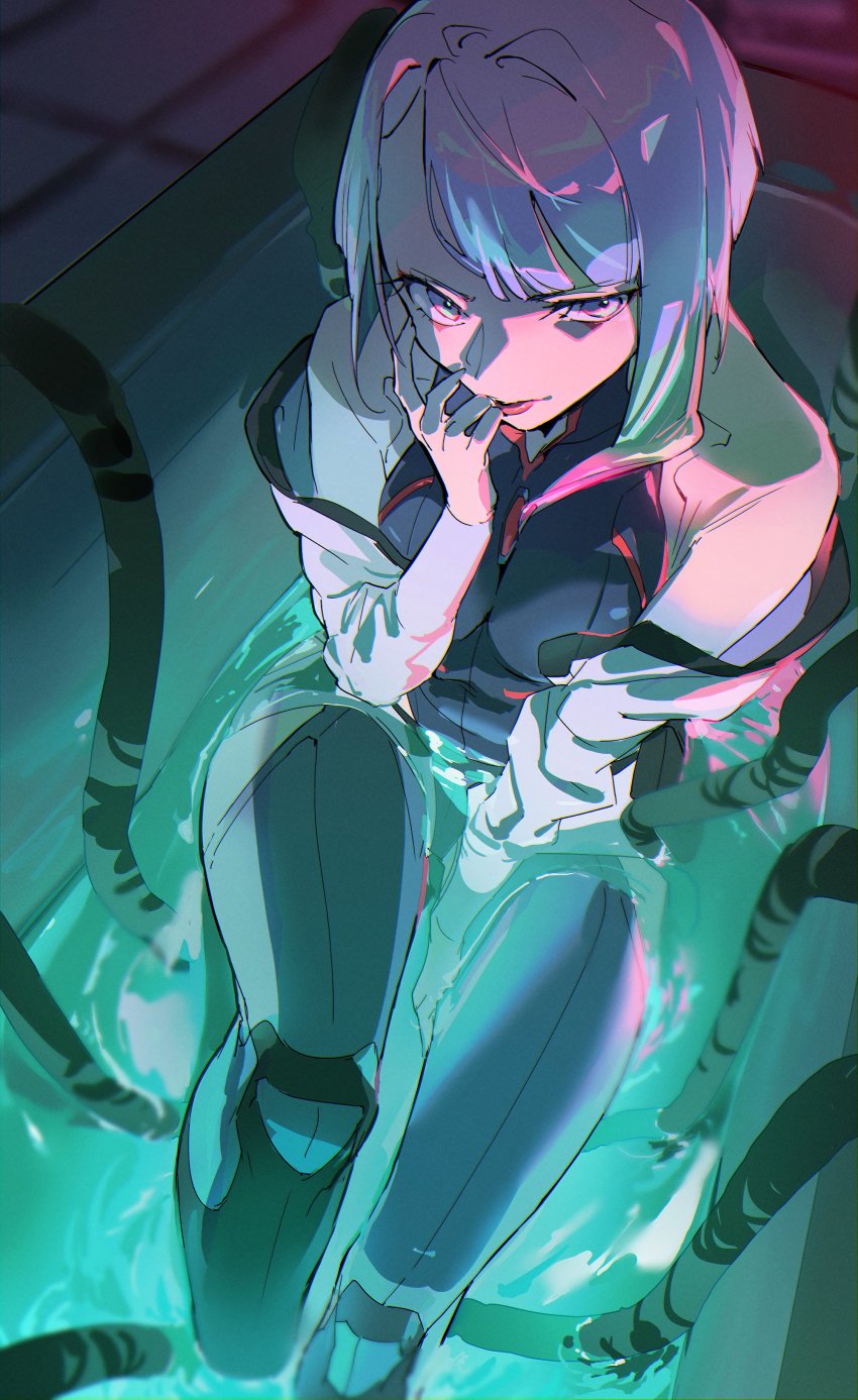 1girl, absurdres, bathtub, black_leotard, black_thighhighs, breasts, cable, cyberpunk_(series)