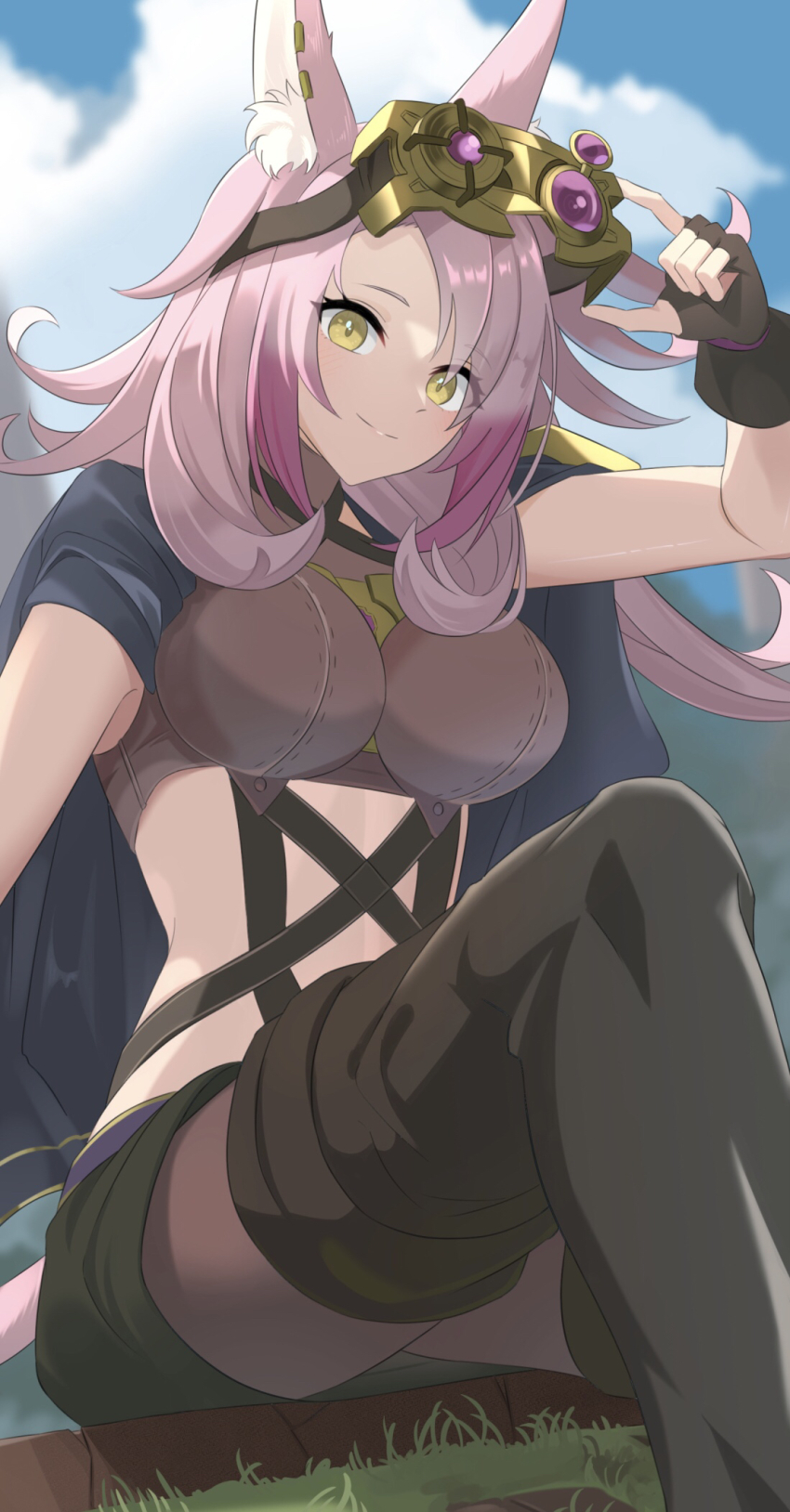 1girl, animal_ear_fluff, animal_ears, boots, breasts, cape, cat_ears, cat_girl