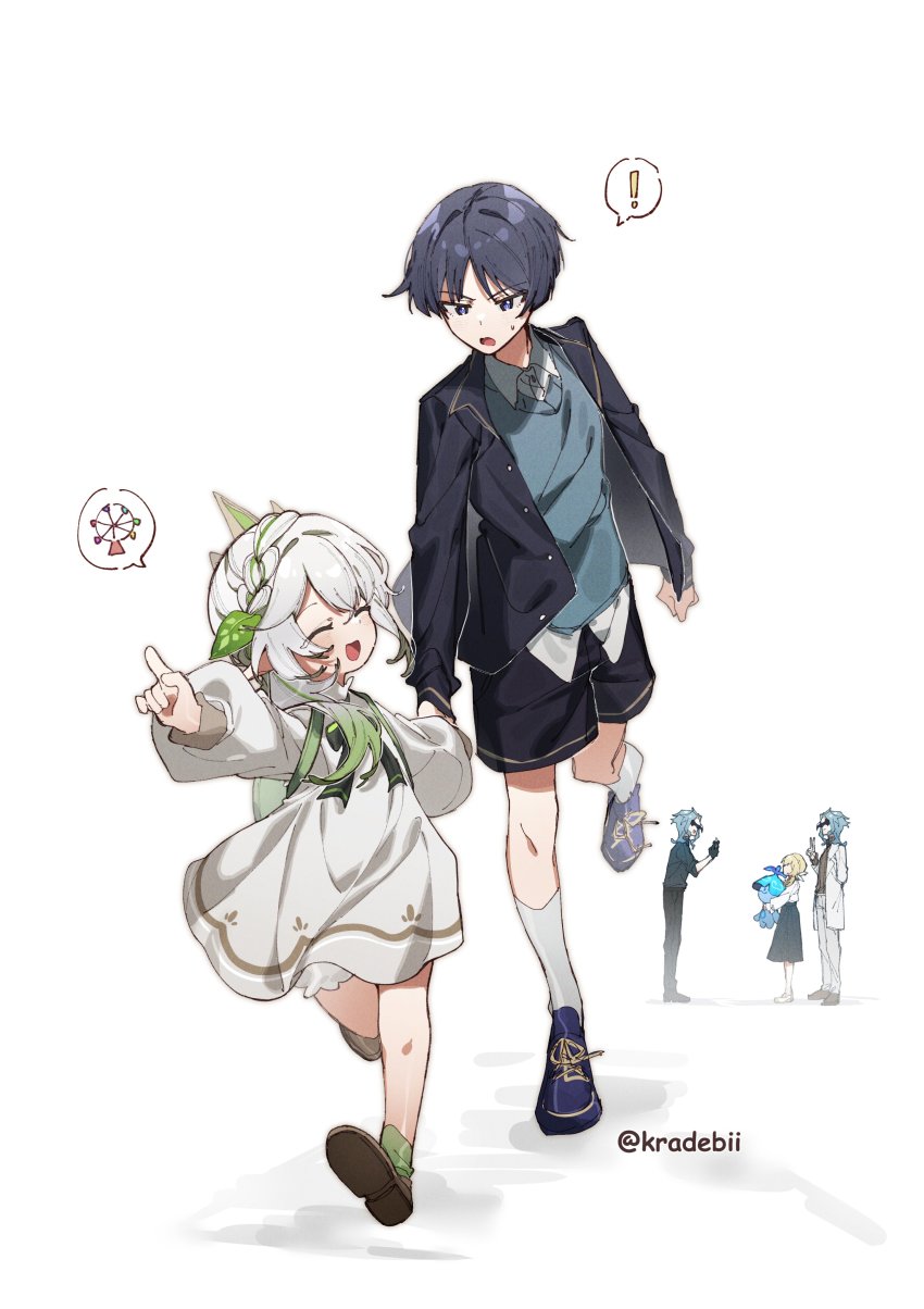 !, 2girls, 3boys, :d, ^_^, absurdres, alternate_costume, aranara_(genshin_impact), ararycan_(genshin_impact), artist_name, asymmetrical_hair, black_hair, black_jacket, black_pants, black_shorts, black_skirt, blonde_hair, blue_hair, blunt_ends, blush, braid, brown_footwear, buttons, closed_eyes, coat, collared_shirt, dottore_(genshin_impact), dress, eye_mask, eyelashes, ferris_wheel, french_braid, full_body, genshin_impact, green_hair, green_socks, grey_hair, hair_between_eyes, hair_ornament, happy, highres, holding, holding_hands, jacket, kradebii, lab_coat, long_hair, long_skirt, long_sleeves, looking_at_another, lumine_(genshin_impact), mask, multicolored_hair, multiple_boys, multiple_girls, nahida_(genshin_impact), open_clothes, open_jacket, open_mouth, pants, parted_bangs, pointing, ponytail, puffy_long_sleeves, puffy_sleeves, purple_eyes, scaramouche_(genshin_impact), shirt, shoes, short_hair, short_shorts, shorts, side_ponytail, sidelocks, simple_background, skirt, smile, socks, speech_bubble, spoken_exclamation_mark, standing, streaked_hair, sweatdrop, taking_picture, twitter_username, v, v-shaped_eyebrows, walking, white_background, white_coat, white_dress, white_pants, white_shirt, white_socks