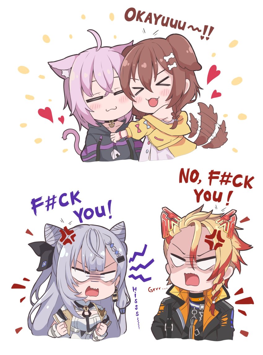 >_<, 1boy, 3girls, absurdres, ahoge, anger_vein, animal_ear_fluff, animal_ears, aruvian13, axel_syrios, black_jacket, blonde_hair, bone_hair_ornament, bow, braid, braided_bangs, brown_hair, cat_ears, cat_tail, censored, censored_text, commentary, cone_hair_bun, dog_ears, dog_girl, dog_tail, double_bun, dress, english_commentary, english_text, fang, food_print, grey_hair, hair_bun, hair_ornament, hair_ribbon, heart, highres, hololive, hololive_indonesia, holostars, holostars_english, hug, insult, inugami_korone, inugami_korone_(1st_costume), jacket, long_hair, multicolored_hair, multiple_girls, nekomata_okayu, nekomata_okayu_(1st_costume), onigiri_print, open_mouth, profanity, purple_hair, red_hair, ribbon, short_hair, simple_background, streaked_hair, tail, tail_wagging, vestia_zeta, vestia_zeta_(1st_costume), virtual_youtuber, white_background, white_dress