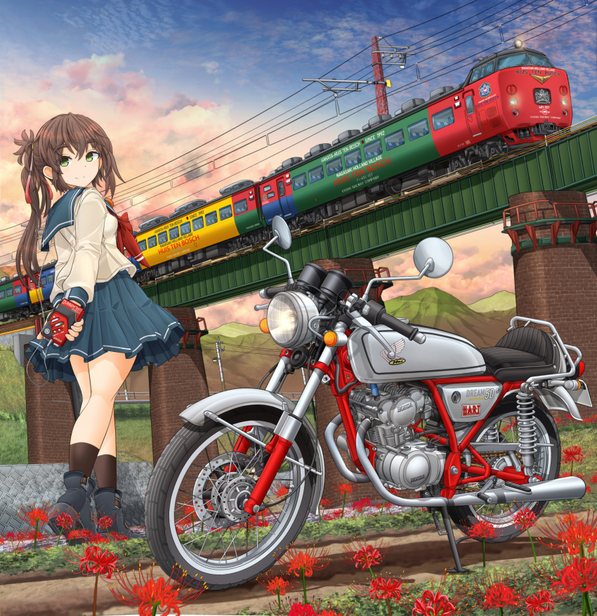 1girl, absurdres, arms_behind_back, black_boots, black_socks, blue_sailor_collar, boots, bridge