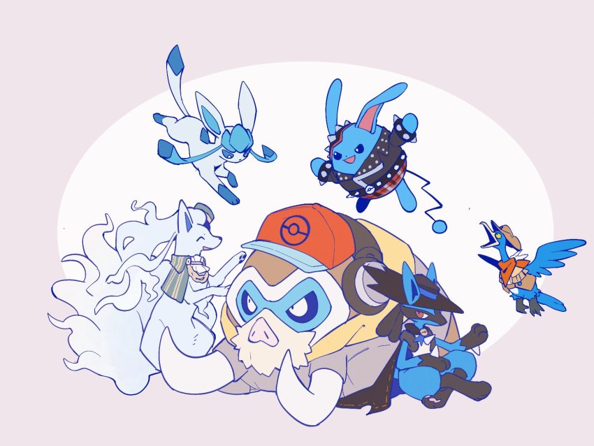 ^_^, alolan_form, alolan_ninetales, alolan_ninetales_(tuxedo), azumarill, azumarill_(punk), black_eyes, capelet, closed_eyes, clothed_pokemon, commentary, cramorant, cramorant_(frontier), gen_2_pokemon, gen_4_pokemon, gen_7_pokemon, gen_8_pokemon, glaceon, green_capelet, hat, headphones, highres, lanjiujiu, lucario, lucario_(costume_party), mamoswine, mamoswine_(hip-hop), nintendo, no_humans, open_mouth, poke_ball_print, pokemon, pokemon_unite, smile, tusks