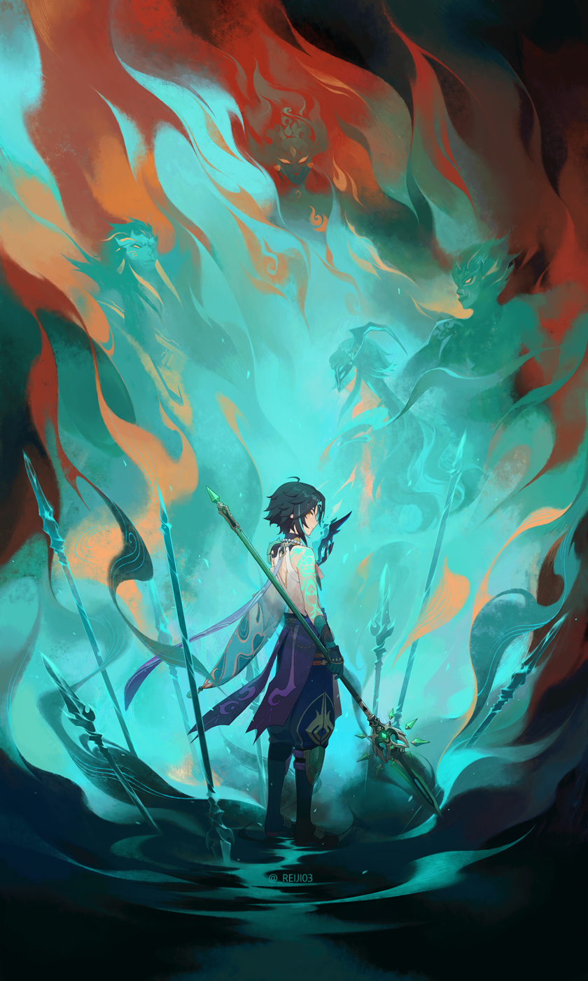 2girls, 3boys, aqua_theme, black_hair, bonanus_(genshin_impact), bosacius_(genshin_impact), chinese_clothes, eyes_visible_through_hair