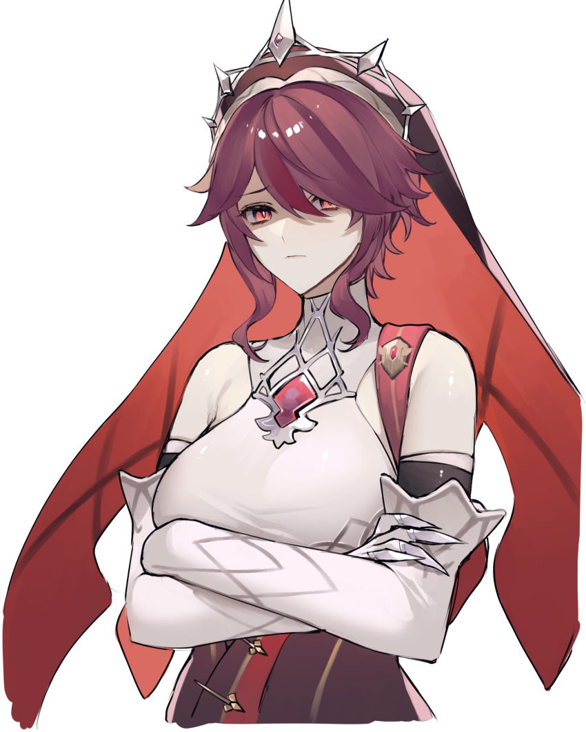 1girl, arms_under_breasts, bare_shoulders, breasts, claw_ring, closed_mouth, crossed_arms, ebibi_chiriri