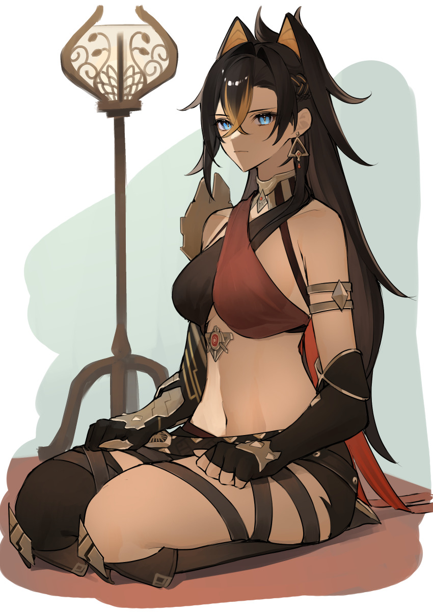 1girl, absurdres, arm_armor, armlet, asymmetrical_clothes, belt, black_gloves, black_hair