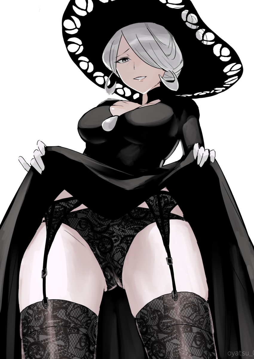 1girl, artist_name, black_dress, black_hat, breasts, cleavage_cutout, clothes_lift, clothing_cutout, cogita_(pokemon), collarbone, dress, dress_lift, eyelashes, garter_belt, garter_straps, gloves, gluteal_fold, grey_hair, hair_over_one_eye, hat, highres, lace, lace-trimmed_legwear, lace-trimmed_panties, lace_trim, large_breasts, lifting_own_clothes, mature_female, nintendo, open_mouth, oyatsu_0, panties, pokemon, pokemon_legends:_arceus, short_hair, simple_background, skindentation, smile, solo, thick_thighs, thighhighs, thighs, underwear, white_background, white_gloves