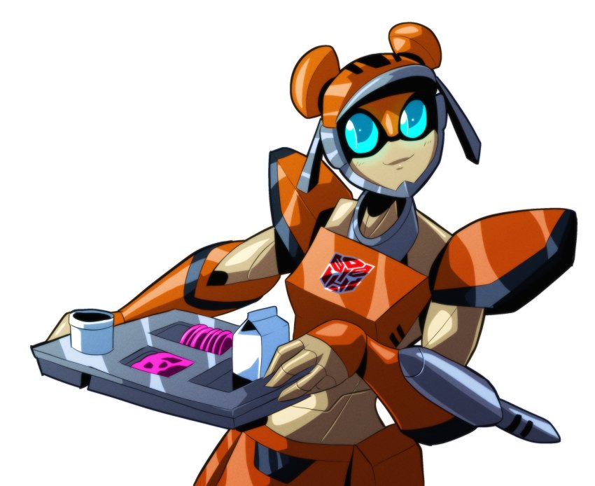 1girl, alien, armor, autobot, blue_eyes, breasts, glowing, glowing_eyes