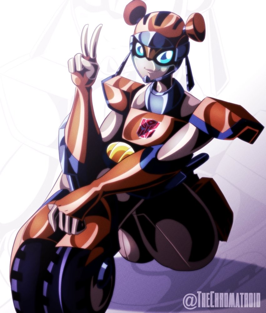 1girl, alien, armor, autobot, blue_eyes, breasts, highres, humanoid_robot