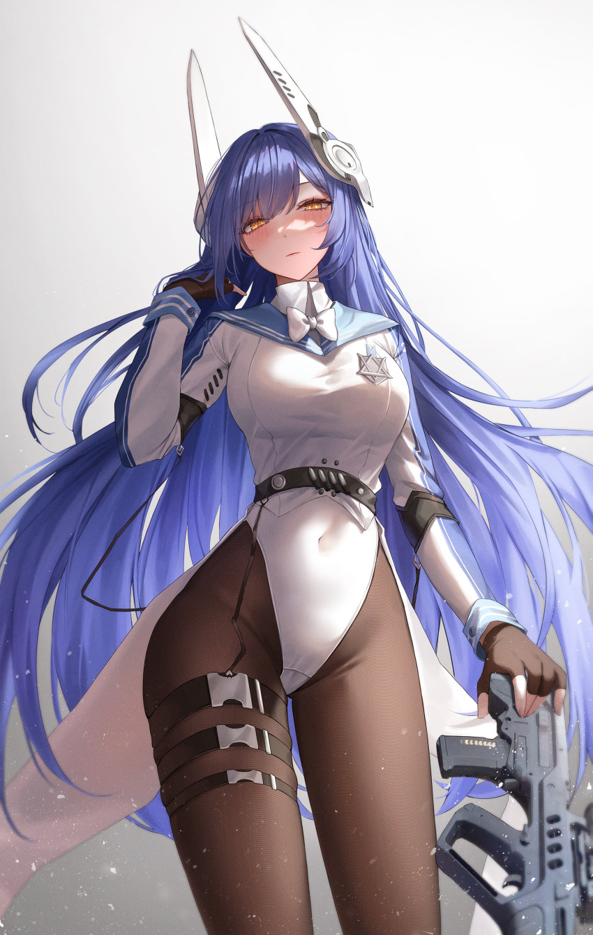 1girl, 5.56x45mm_nato, absurdres, ammunition, assault_rifle, belt, black_gloves, black_pantyhose