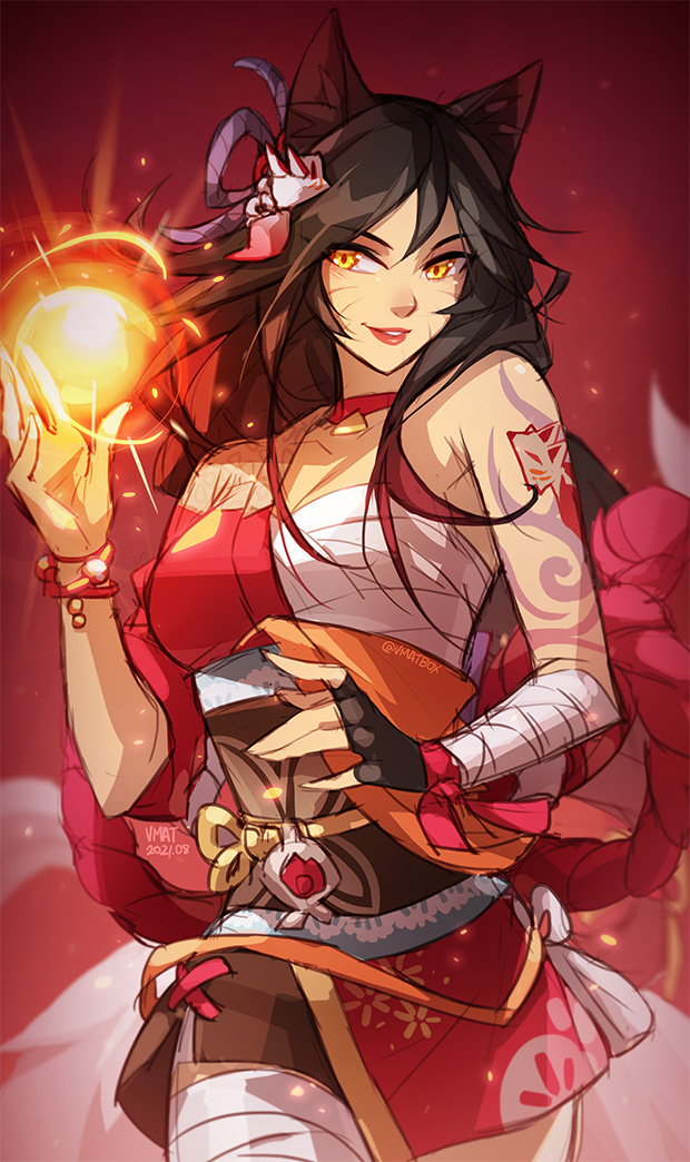 1girl, ahri_(league_of_legends), animal_ears, arm_tattoo, bandaged_leg, bandages, black_hair, bracelet