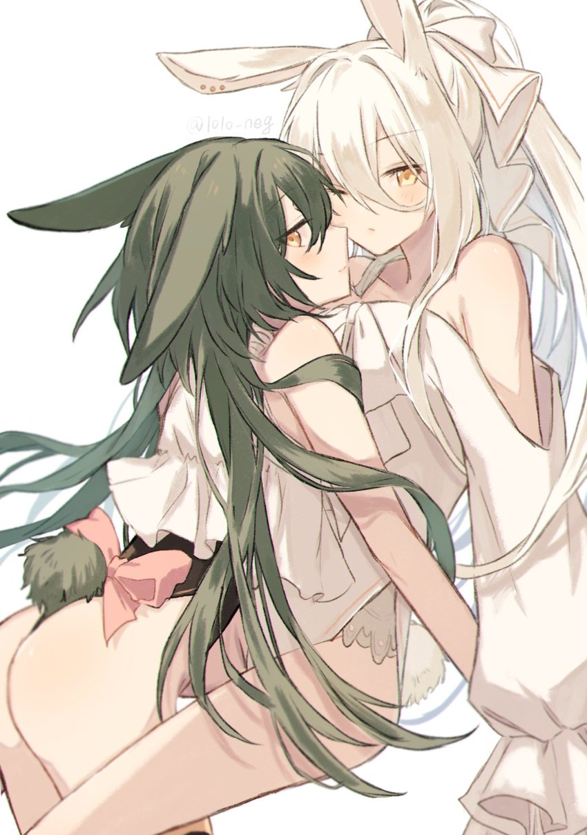 1010_neg, 2girls, animal_ears, ass, bare_shoulders, black_leotard, blush, green_hair