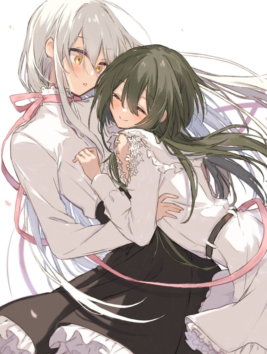 1010_neg, 2girls, blush, brown_skirt, closed_eyes, closed_mouth, frilled_shirt_collar, frills