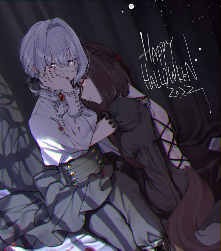 2022, 2girls, alternate_costume, asaka_kaori, bed, black_dress, blood, blood_on_clothes