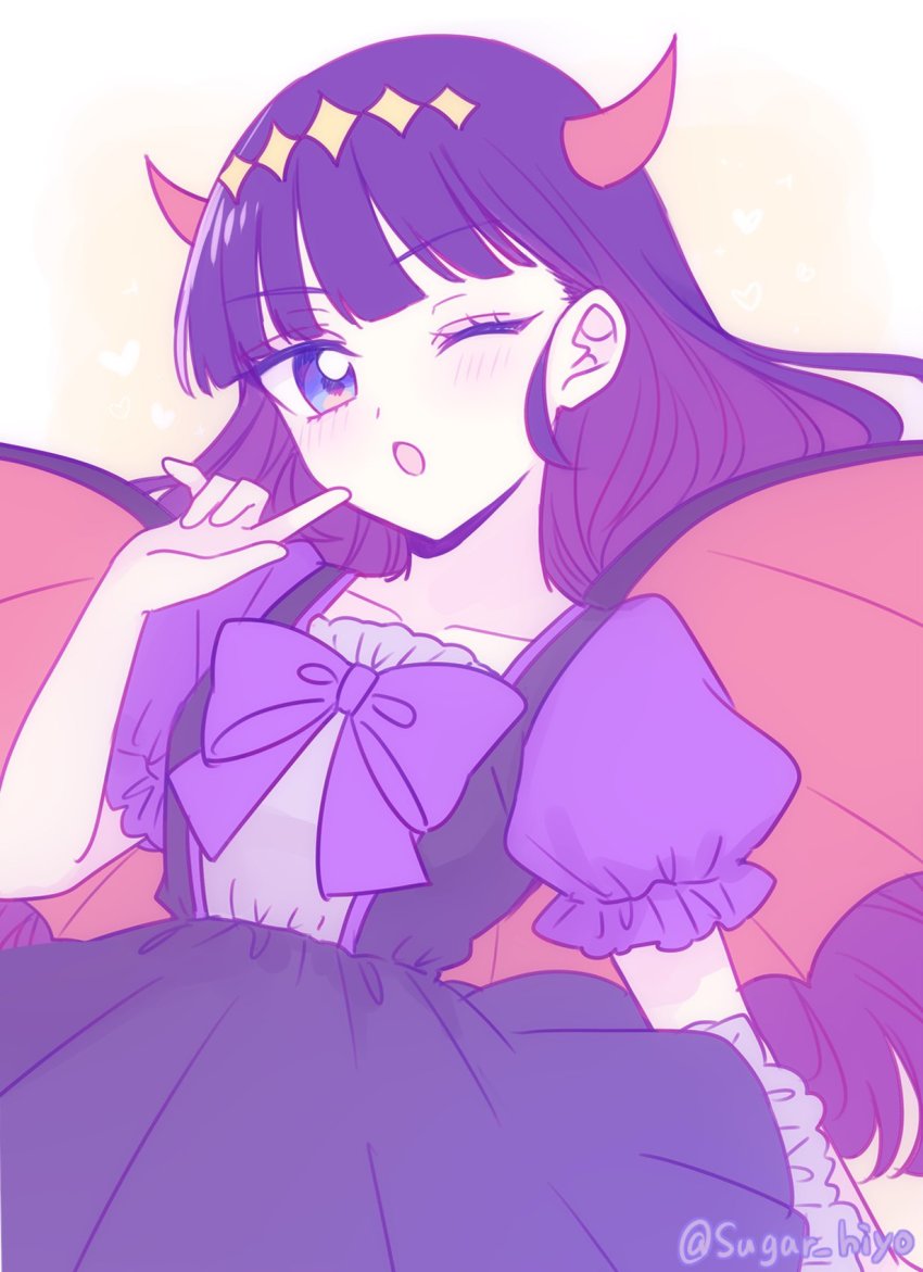 1girl, black_hair, blue_eyes, blunt_bangs, blush, bow, commentary, delicious_party_precure, demon_horns, demon_wings, dress, finger_to_mouth, frilled_dress, frilled_sleeves, frills, frown, hair_ornament, highres, horns, kasai_amane, long_hair, looking_at_viewer, medium_dress, one_eye_closed, open_mouth, precure, puffy_short_sleeves, puffy_sleeves, purple_bow, red_horns, red_wings, short_sleeves, solo, sugar_hiyo, untranslatable_commentary, twitter_username, upper_body, wings
