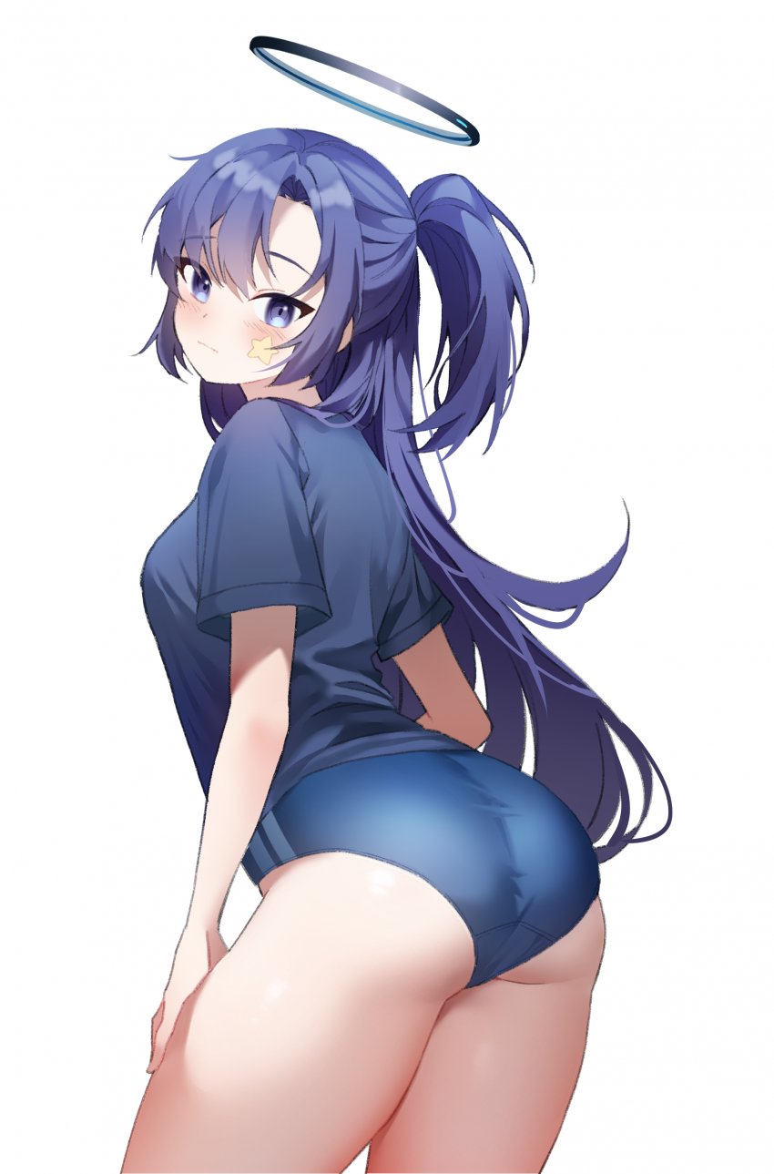 1girl, ass, black_shirt, blue_archive, blue_buruma, blush, breasts, buruma