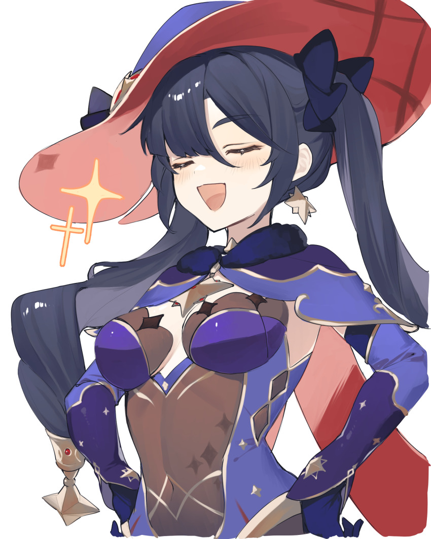 1girl, black_hair, blue_leotard, blush, breasts, cape, closed_eyes, cropped_torso