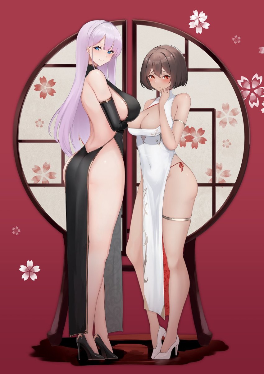 2girls, alexandra_viktorovna_dashkova_(tukikagerou), arm_under_breasts, armlet, ass, black_dress, black_gloves, blue_eyes, blush, bob_cut, breasts, brown_hair, china_dress, chinese_clothes, cleavage, cleavage_cutout, clothing_cutout, commission, dress, elbow_gloves, floral_print, full_body, gloves, high_heels, highres, jewelry, large_breasts, light_purple_hair, long_hair, multiple_girls, no_panties, original, panties, pelvic_curtain, red_background, red_eyes, second-party_source, sharifah_ozdil_(tukikagerou), short_hair, side-tie_panties, sideboob, simple_background, skeb_commission, smile, standing, string_panties, suzuya_(maru), thighlet, underwear, white_dress
