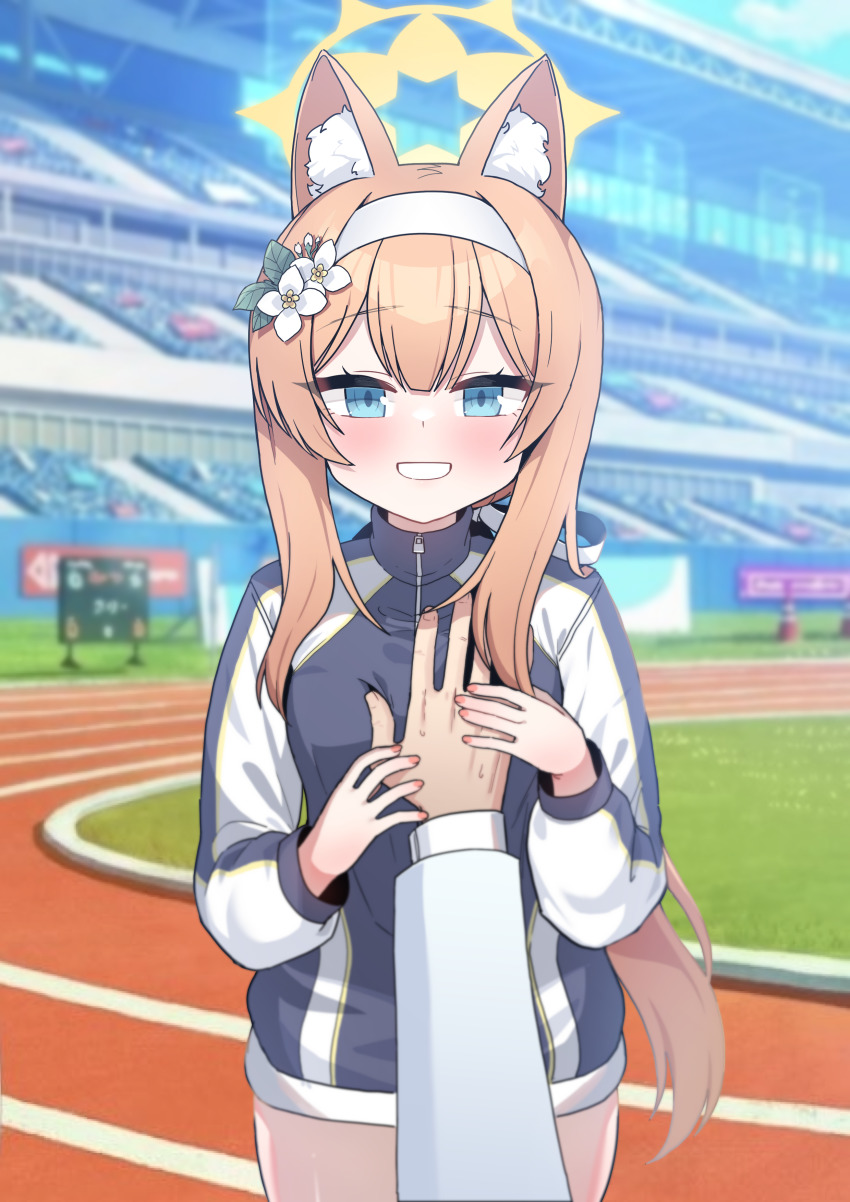 1girl, absurdres, alternate_costume, animal_ears, blue_archive, blue_eyes, blurry, blurry_background