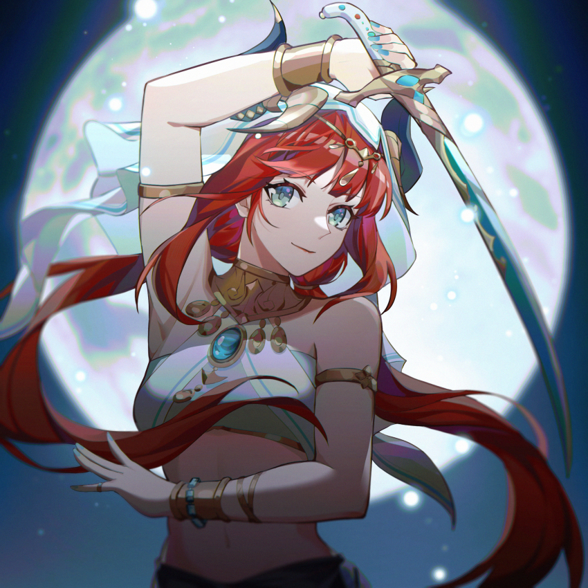 1girl, aqua_eyes, arm_up, armlet, bare_shoulders, blue_skirt, bracer, breasts