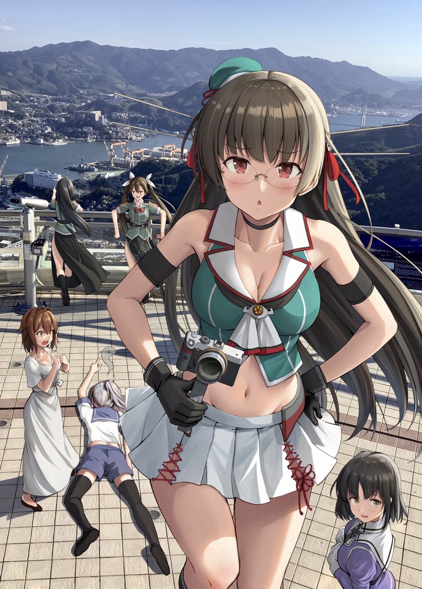 6+girls, aoba_(kancolle), aqua_headwear, beret, black_footwear, black_gloves, black_hair, black_socks, black_thighhighs, blue_shorts, blush, breasts, brown_eyes, brown_hair, buttons, chikuma_(kancolle), choukai_(kancolle), choukai_kai_ni_(kancolle), cleavage, collarbone, dress, furutaka_(kancolle), furutaka_(summer)_(kancolle), glasses, gloves, grey_hair, groin, haguro_(kancolle), hair_between_eyes, hair_ornament, hair_ribbon, hat, highres, ichikawa_feesu, jacket, juliet_sleeves, kantai_collection, kneehighs, large_breasts, long_hair, long_sleeves, military, military_uniform, multiple_girls, navel, open_mouth, pelvic_curtain, photo_background, pleated_skirt, ponytail, puffy_sleeves, purple_jacket, red_eyes, ribbon, rimless_eyewear, school_uniform, serafuku, shoes, short_hair, shorts, skirt, socks, thighhighs, tone_(kancolle), twintails, white_dress, white_gloves, white_ribbon, white_skirt