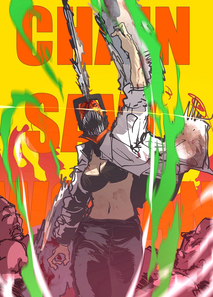 1girl, absurdres, arm_up, black_pants, blood, blood_on_breasts, blood_on_clothes, blood_splatter