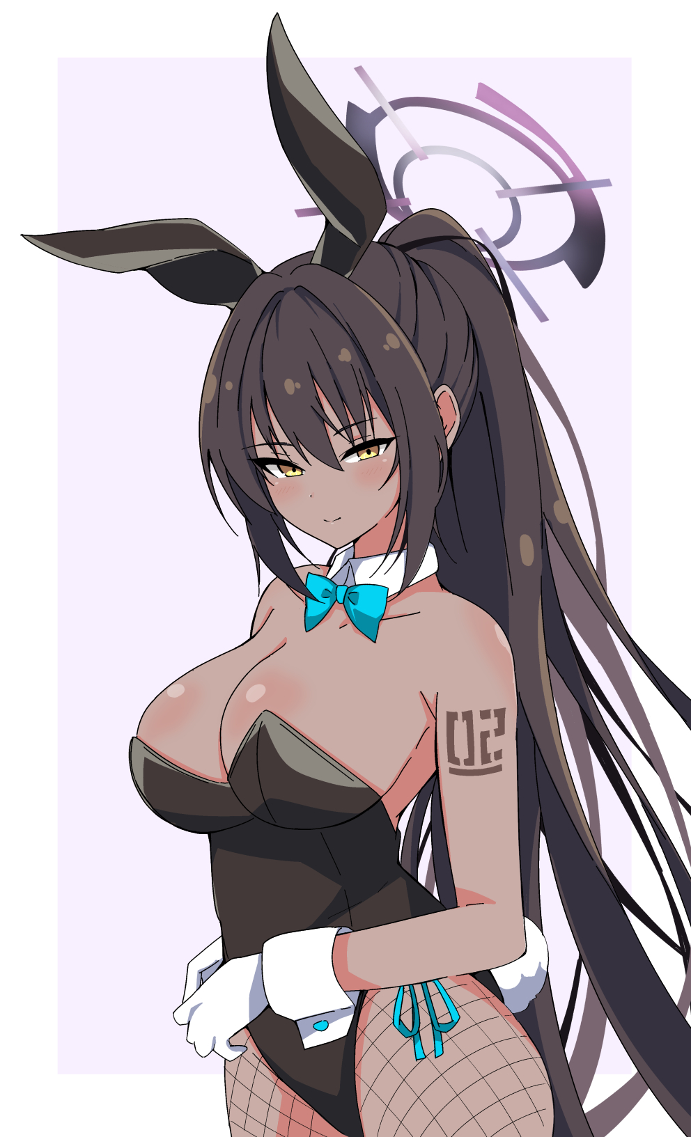 1girl, animal_ears, aqua_bow, aqua_bowtie, bare_shoulders, black_hair, black_leotard, blue_archive
