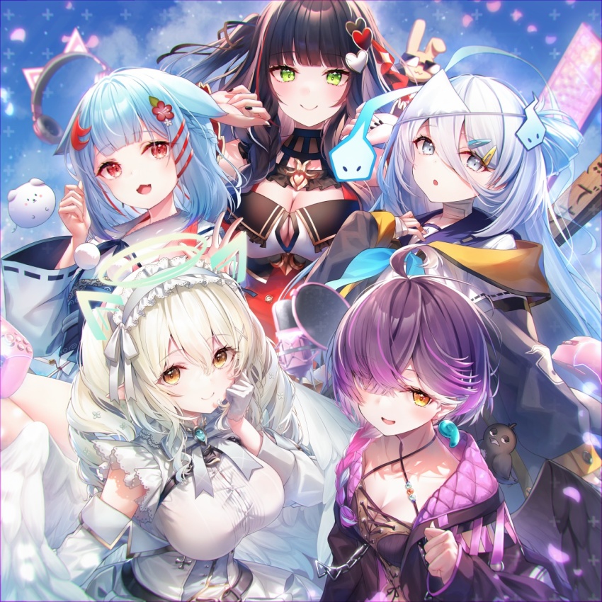 5girls, ahoge, animal_ears, blue_hair, chihiro_ayaka, green_eyes, hair_between_eyes, hair_ornament