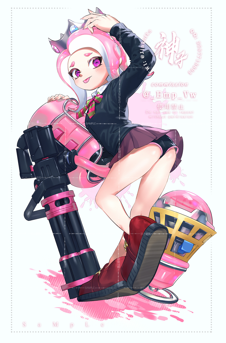 1girl, gun, highres, jinkoika, machine_gun, nintendo, pink_hair, purple_eyes