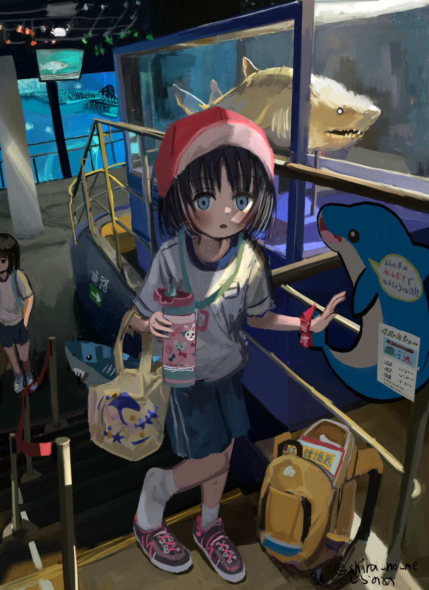 2girls, absurdres, aquarium, backpack, bag, baseball_cap, black_hair, blue_eyes