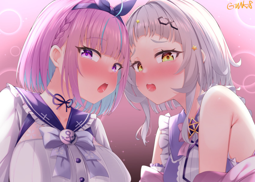 2girls, bare_shoulders, blue_hair, blush, braid, breasts, frills, gmkj