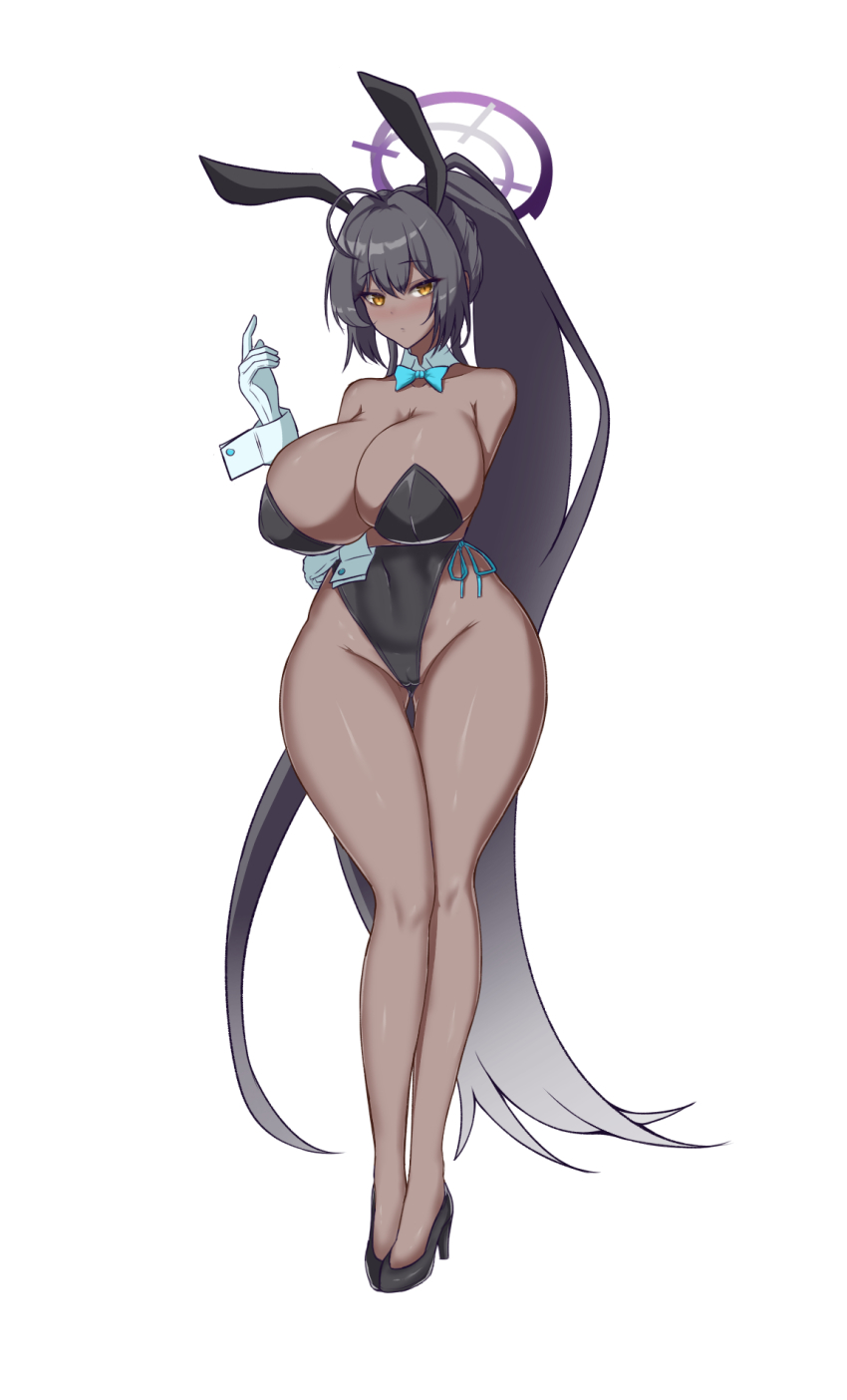 1girl, animal_ears, arm_under_breasts, bare_hips, bare_legs, black_footwear, black_hair, black_leotard