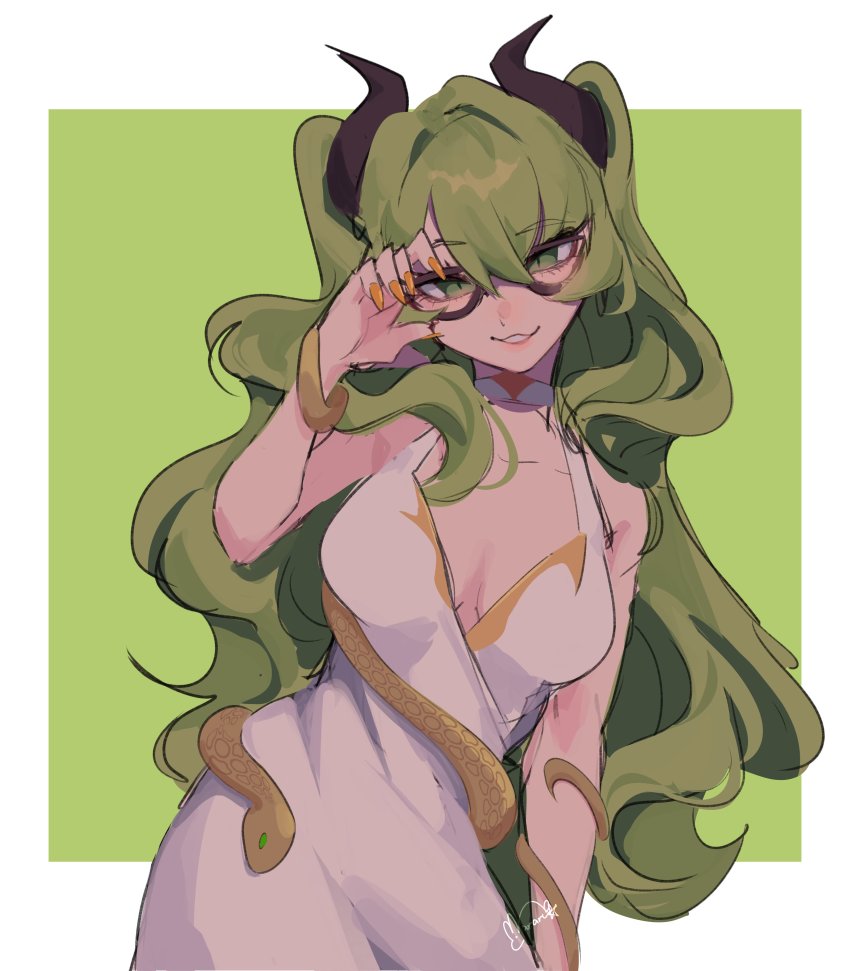 1girl, absurdres, breasts, cowboy_shot, dress, fingernails, glasses, green_background, green_eyes, green_hair, grin, hair_between_eyes, highres, honkai_(series), honkai_impact_3rd, long_fingernails, long_hair, looking_at_viewer, mararu, medium_breasts, mobius_(honkai_impact), nail_polish, sleeveless, sleeveless_dress, smile, solo, two-tone_background, white_background, white_dress, yellow_nails