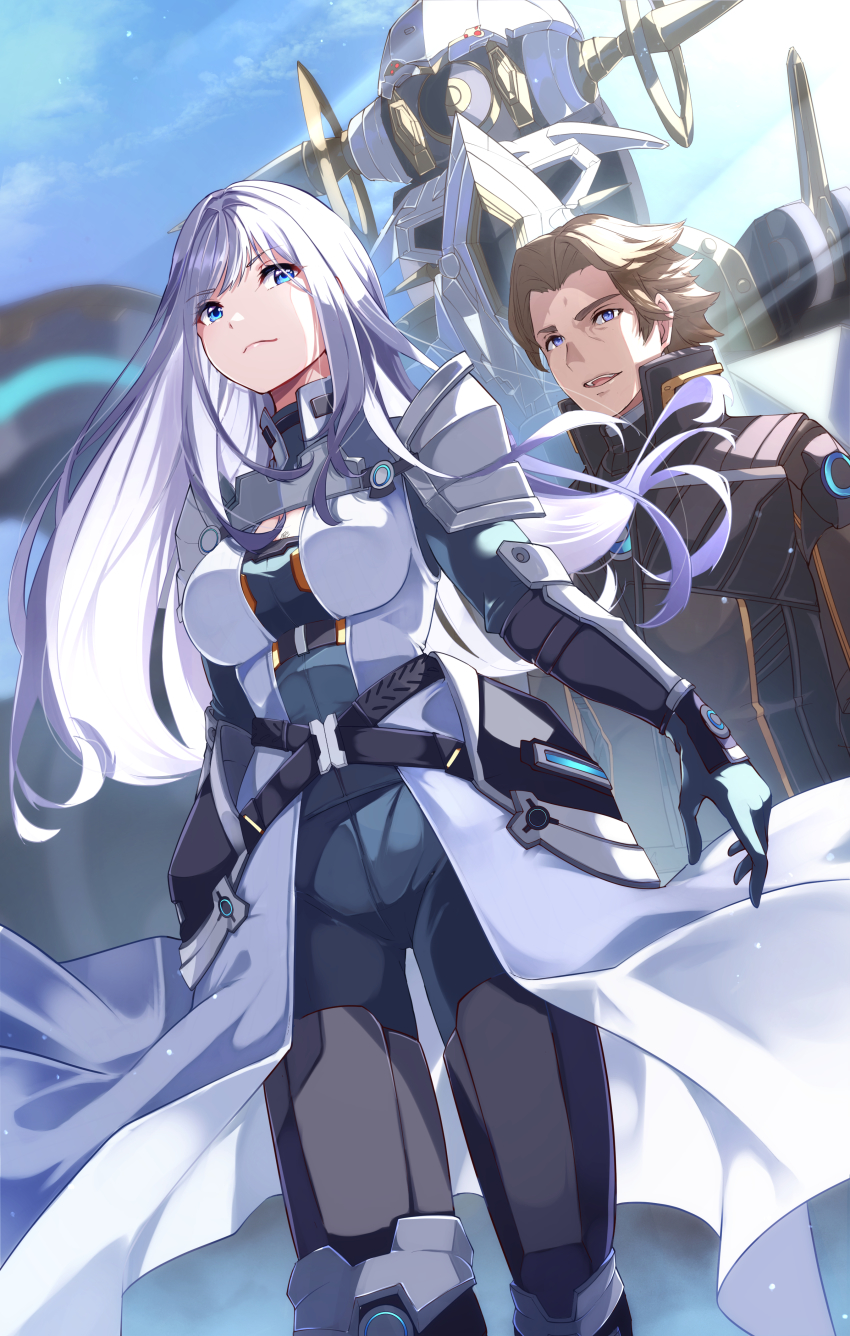 1boy, 1girl, absurdres, blue_eyes, bolearis_(xenoblade), breast_tattoo, breasts, brown_hair, cleavage_cutout, clothing_cutout, day, dutch_angle, ethel_(xenoblade), feet_out_of_frame, ferronis_(xenoblade), gloves, grey_hair, high_collar, highres, large_breasts, long_coat, long_hair, outdoors, pants, risumi_(taka-fallcherryblossom), sky, tattoo, xenoblade_chronicles_(series), xenoblade_chronicles_3
