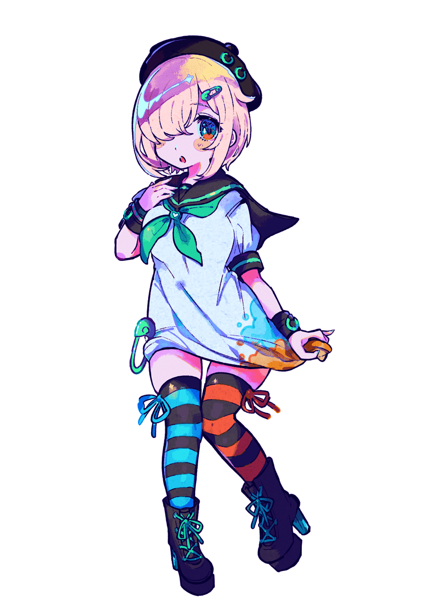 1girl, beret, blue_eyes, blush, boots, bracelet, denonbu, dress