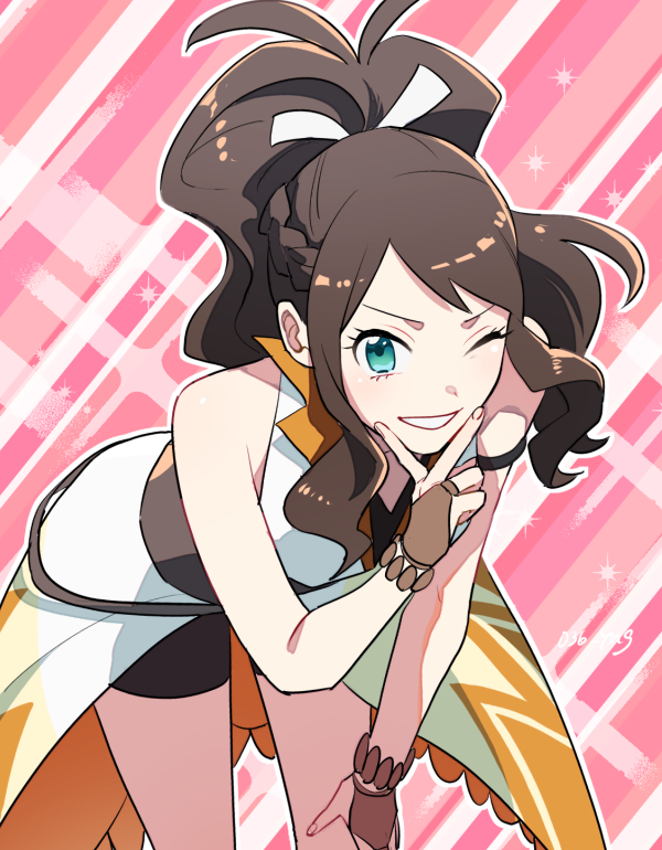 1girl, brown_gloves, brown_hair, commentary_request, eyelashes, gloves, green_eyes, hair_ribbon