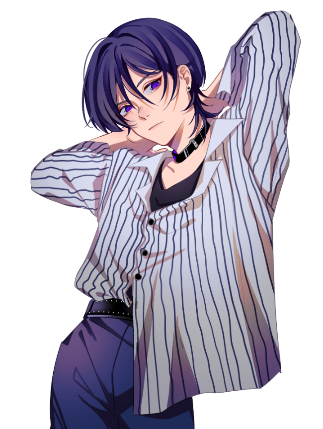 1boy, alternate_costume, arms_behind_head, arms_up, belt, black_belt, black_choker, black_shirt