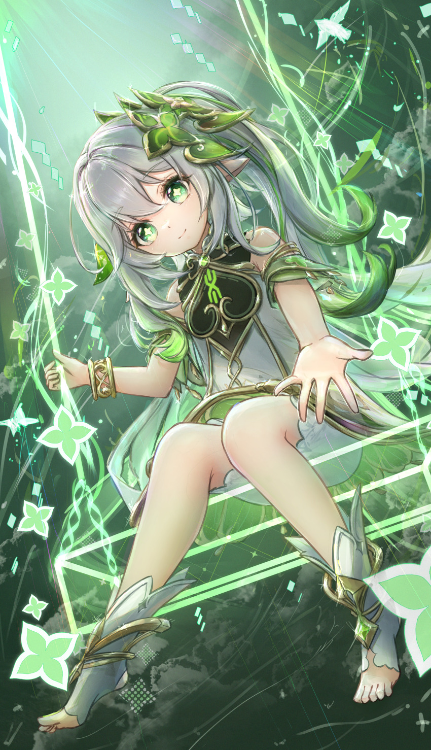 1girl, absurdres, bracelet, closed_mouth, commentary, dress, flower-shaped_pupils, full_body, genshin_impact, gradient_hair, green_eyes, green_hair, hair_ornament, highres, jewelry, looking_at_viewer, multicolored_hair, nahida_(genshin_impact), on_swing, pointy_ears, sarasuty, side_ponytail, sitting, sleeveless, sleeveless_dress, smile, solo, swing, symbol-shaped_pupils, toeless_footwear, white_dress, white_footwear, white_hair