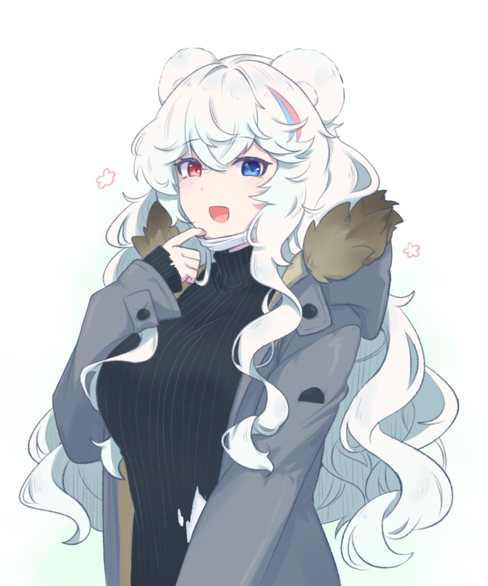 10_(xknn5488), 1girl, :d, animal_ears, arknights, bear_ears, bear_girl, black_sweater, blue_eyes, blue_hair, breasts, cosplay, fur-trimmed_hood, fur_trim, grey_jacket, heterochromia, hood, hood_down, hooded_jacket, jacket, jaye_(arknights), jaye_(arknights)_(cosplay), large_breasts, long_hair, long_sleeves, looking_at_viewer, mask_pull, multicolored_hair, open_clothes, open_jacket, open_mouth, pink_hair, red_eyes, ribbed_sweater, rosa_(arknights), simple_background, smile, solo, streaked_hair, sweater, upper_body, very_long_hair, wavy_hair, white_background, white_hair