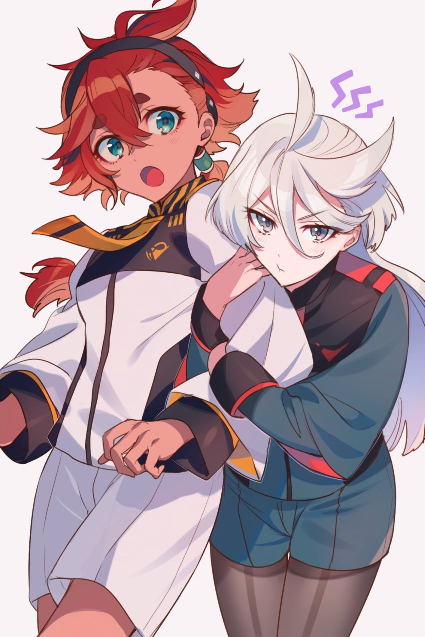 2girls, ahoge, angry, arm_hug, asticassia_school_uniform, black_hairband, black_pantyhose, blue_eyes