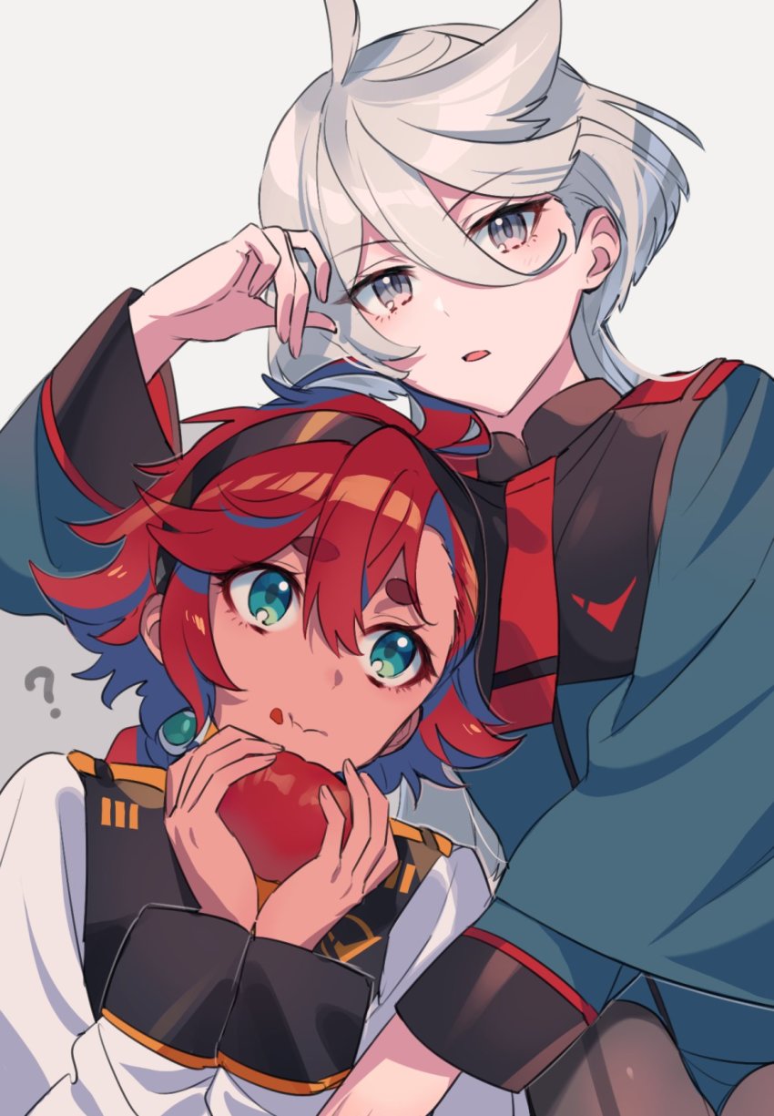 2girls, ?, ahoge, asticassia_school_uniform, black_hairband, blue_eyes, blue_hair, blush