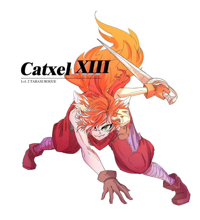 1girl, absurdres, animal_ear_fluff, animal_ears, axel_syrios, belt_pouch, cat_ears, cat_girl, cat_tail, catxel_xiii, dagger, gloves, highres, holostars, holostars_english, knife, leg_wrap, looking_back, neckerchief, patchwork_clothes, pkoi, pouch, red_neckerchief, short_hair, simple_background, solo, tail, weapon