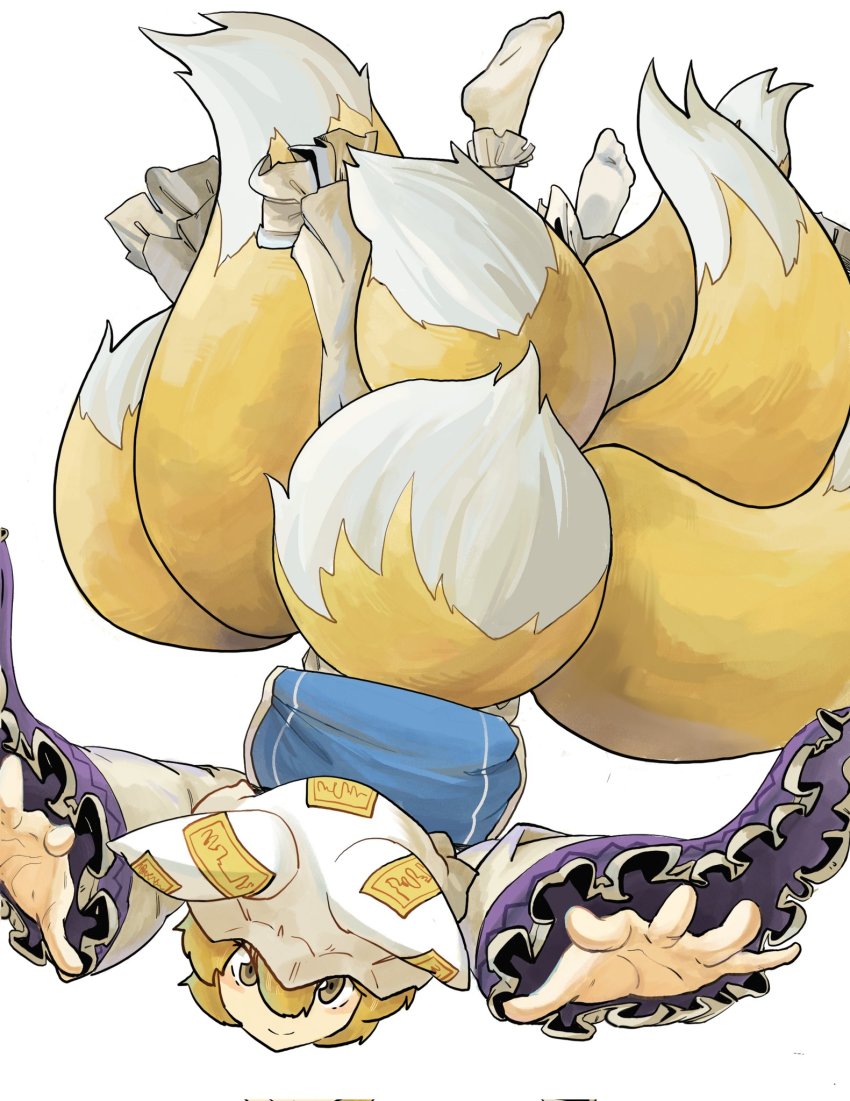 1girl, animal_hat, arms_up, blonde_hair, dress, falling, fox_tail, frilled_sleeves, frills, from_behind, hair_between_eyes, hat, highres, kitsune, kyuubi, long_dress, long_sleeves, looking_at_viewer, mob_cap, multiple_tails, onionmay, outstretched_arms, reaching, reaching_towards_viewer, short_hair, simple_background, smile, socks, solo, tabard, tail, touhou, upside-down, white_background, white_dress, yakumo_ran, yellow_eyes